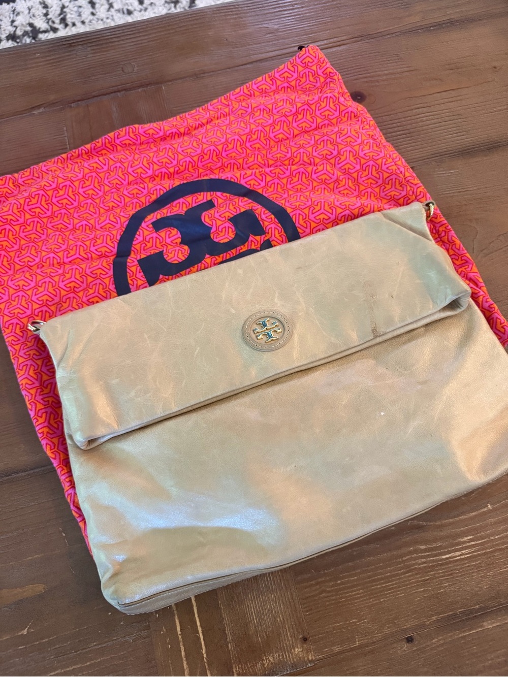 Tory Burch Nude Fold-Over Waxed Leather Clutch with strap